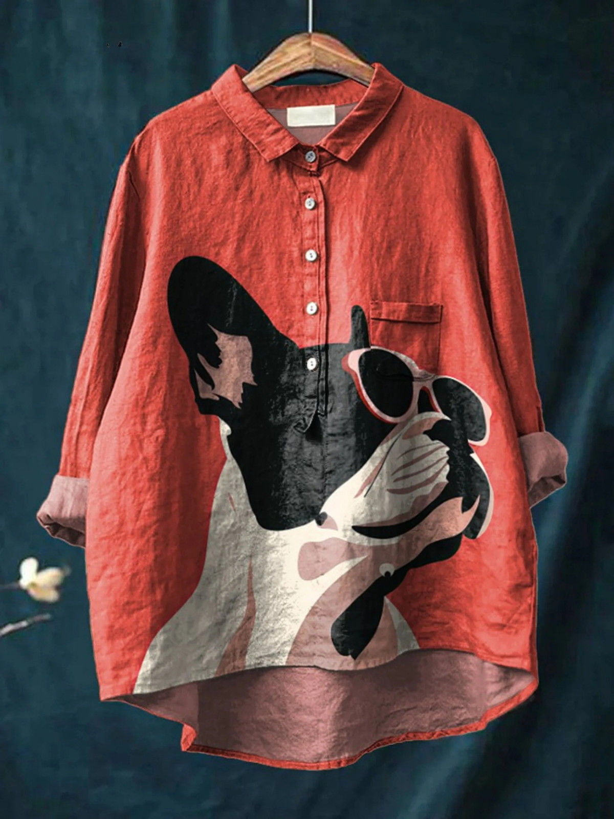 Samantha | Casual T-Shirt with Decorative French Bulldog Pattern Wearing Sunglasses on Red Background