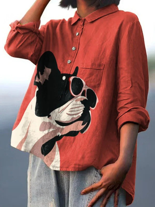 Samantha | Casual T-Shirt with Decorative French Bulldog Pattern Wearing Sunglasses on Red Background