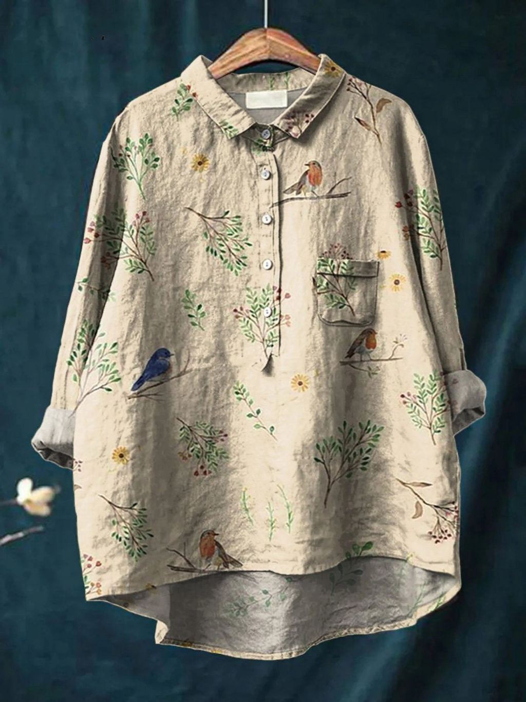 Lorelai | Women's Casual Shirt Printed with Branches and Robin Birds