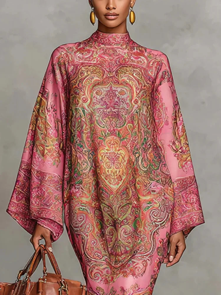 Paulette · High-neck kaftan dress with artistic print