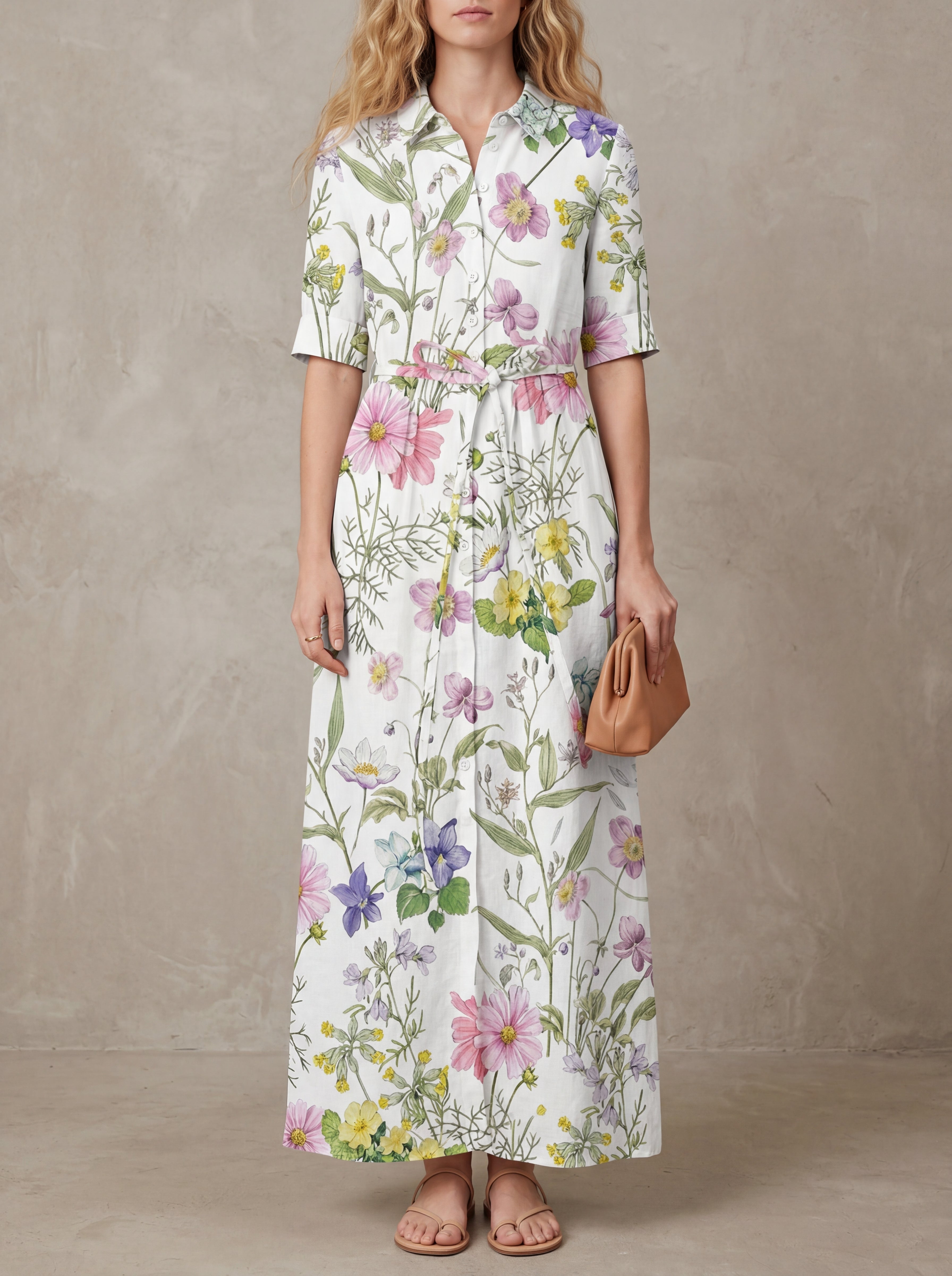 Simone · Midi Floral Watercolor Dress, Adjustable Lace
