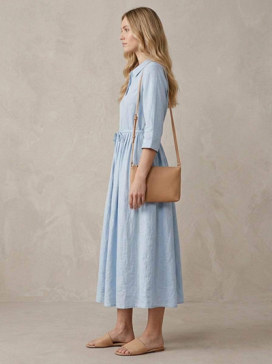 Marguerite · Blue Midi Dress with Peter Pan Collar and Adjustable Waist Tie