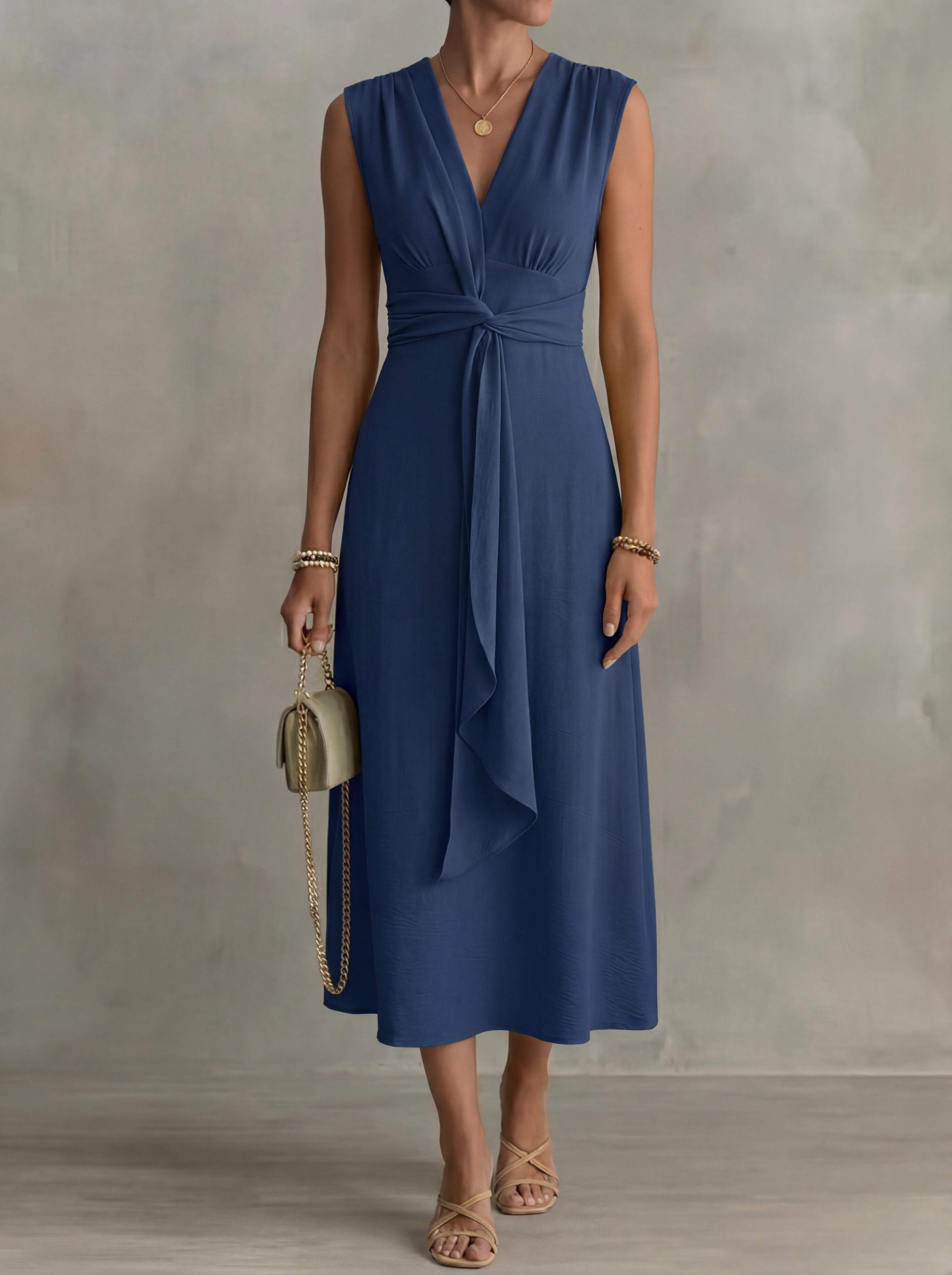Augustine · Midi dress with thin straps and belted waist