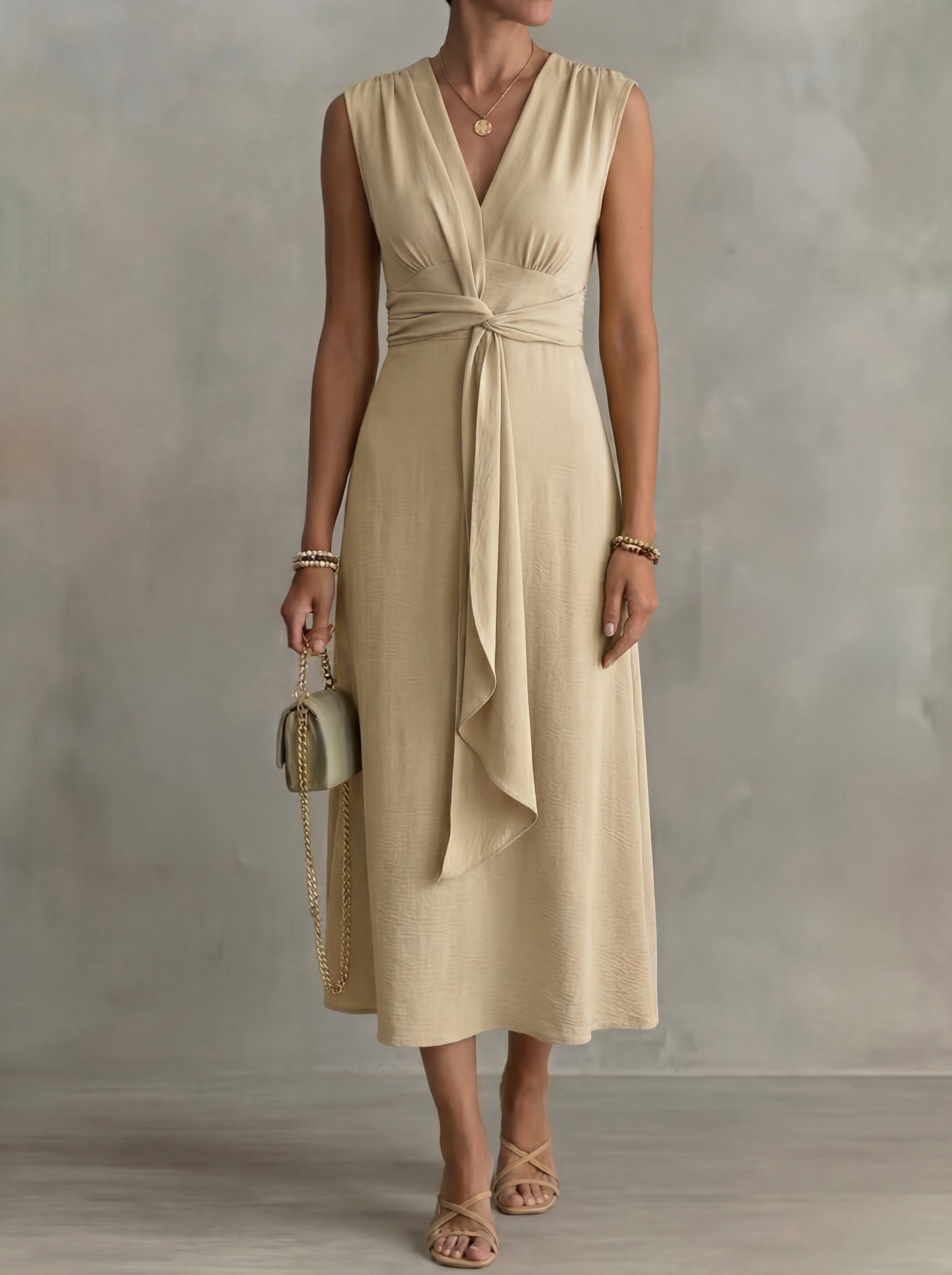 Augustine · Midi dress with thin straps and belted waist